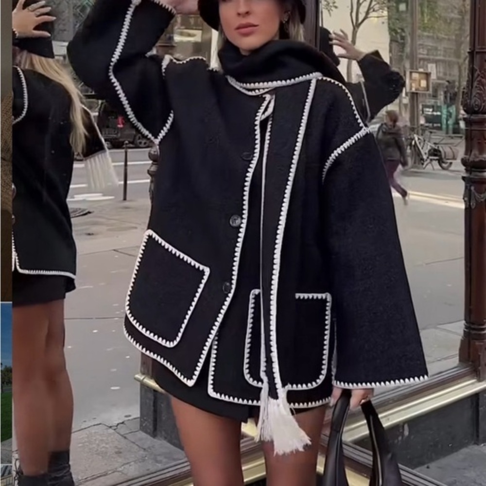 Coat trim Wool-blend With Tassel Scarf coat